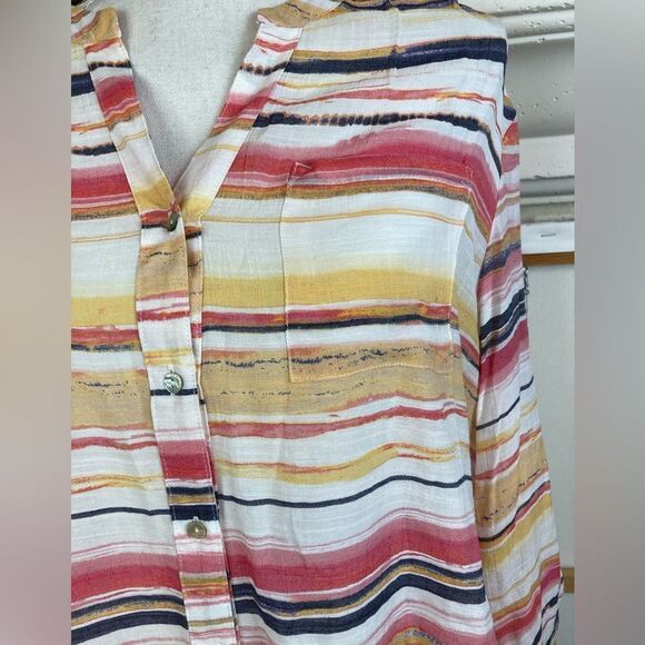 Zac & Rachel Striped Multicolor Button-down airy longer blouse or tie at waist - Picture 3 of 12